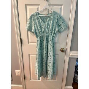 Valentina Naldi Pale Green Eyelet Elastic Waist Dress sz L EUC